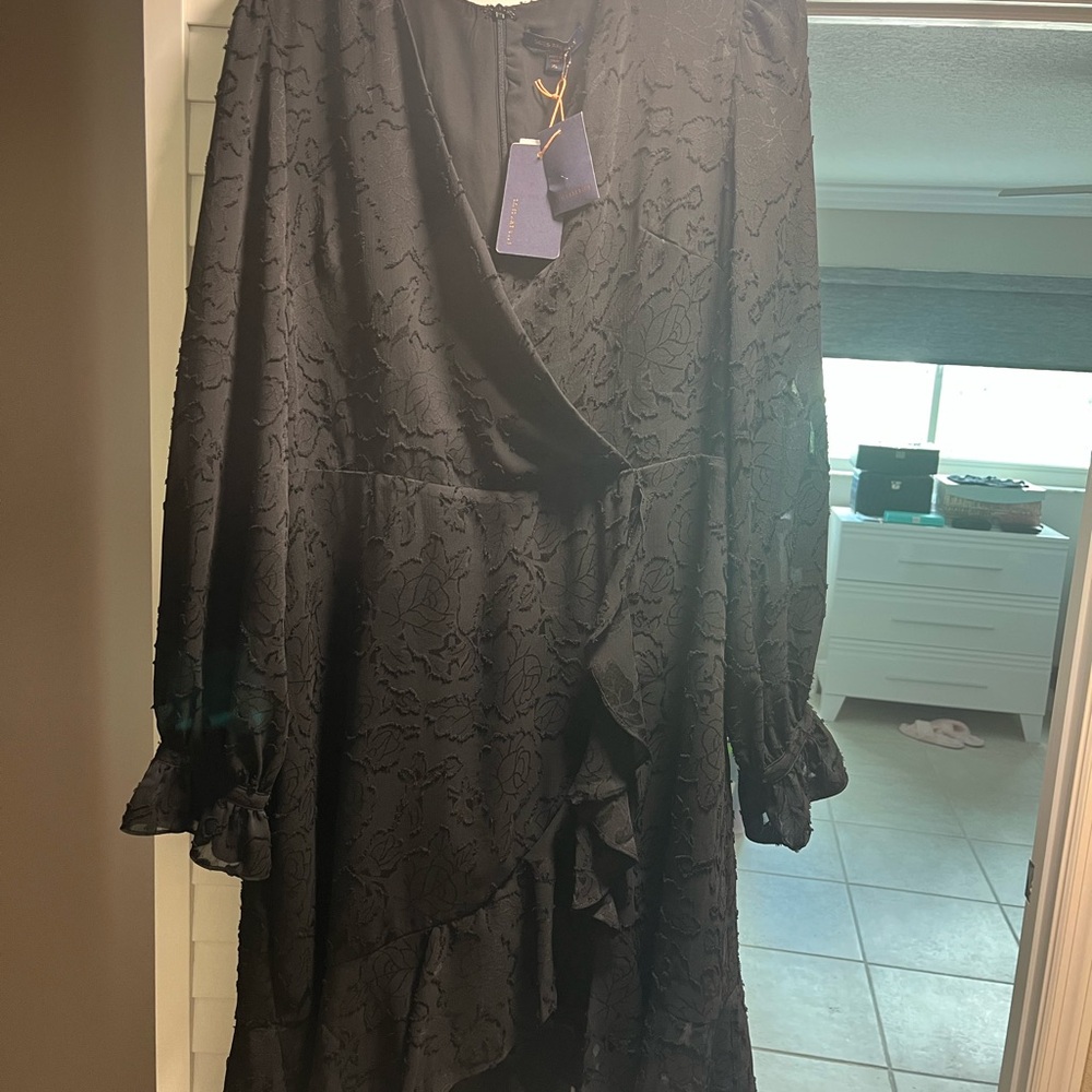 Skies Are Blue Black Wrap Dress with Bishop Sleeves
